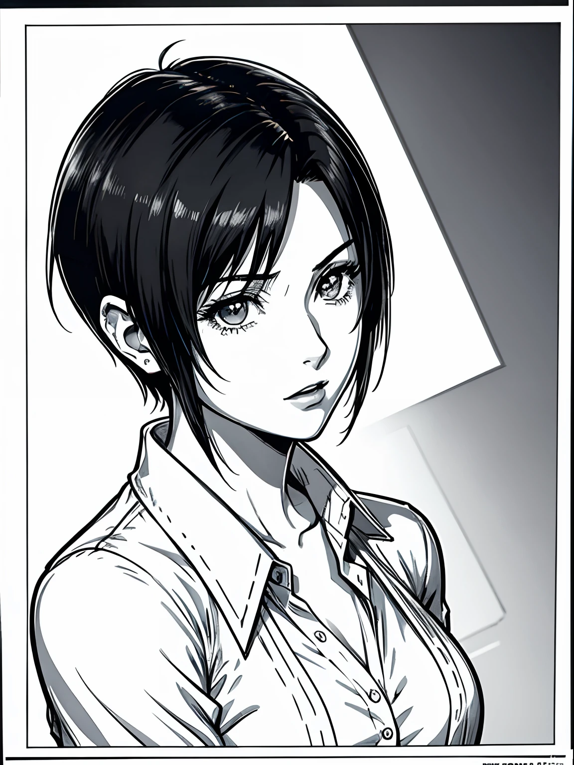 Tifa Lockhart (final fantasy VII), 23 years old, short hair (pixie cut), pointed nose, thin lips, busty, wearing formal shirt (white), {centered image}, {just face and chest photo}, manga lineart (monochrome)