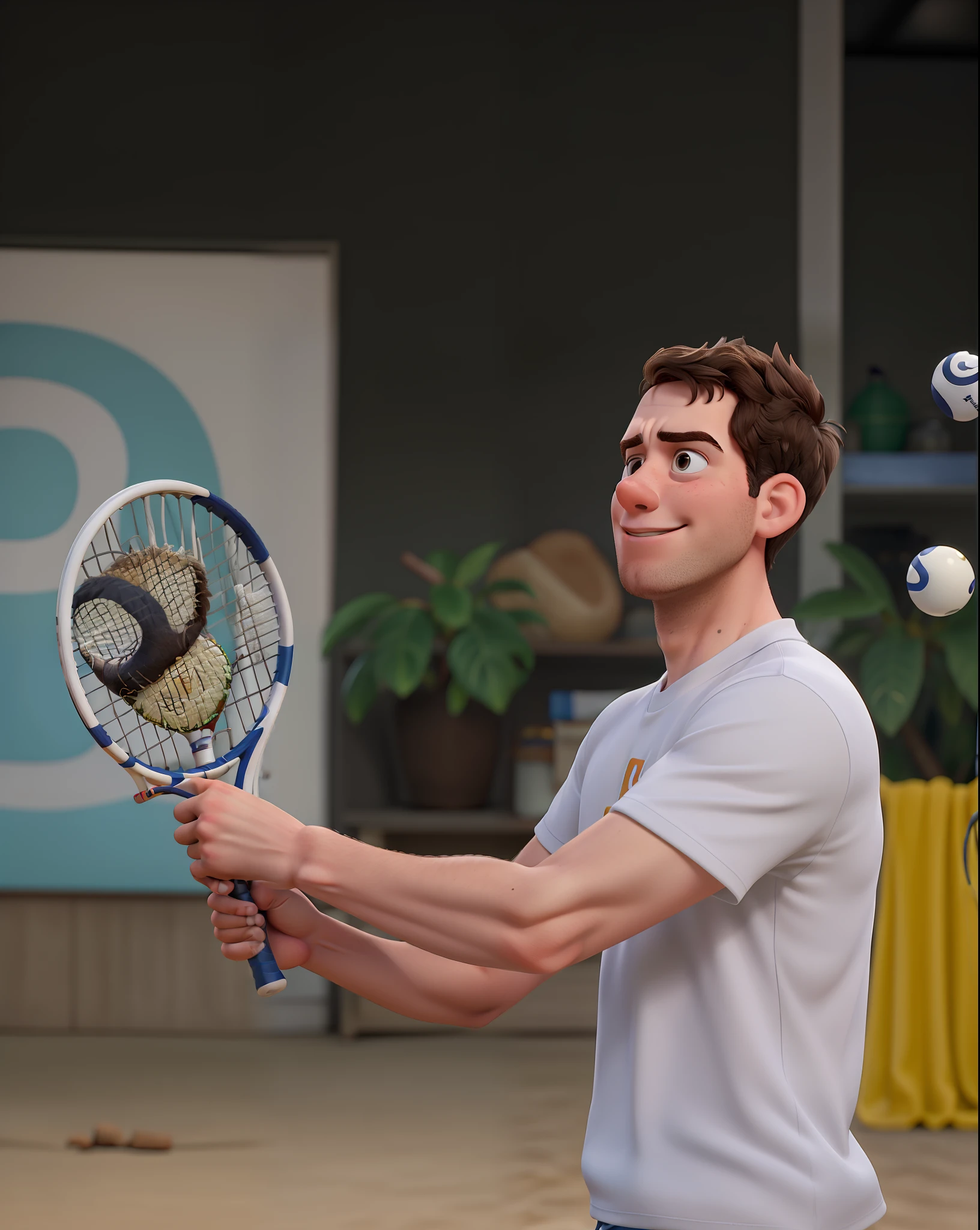 Pixar-style image of a young white man with a racket in his hand, alta qualidade