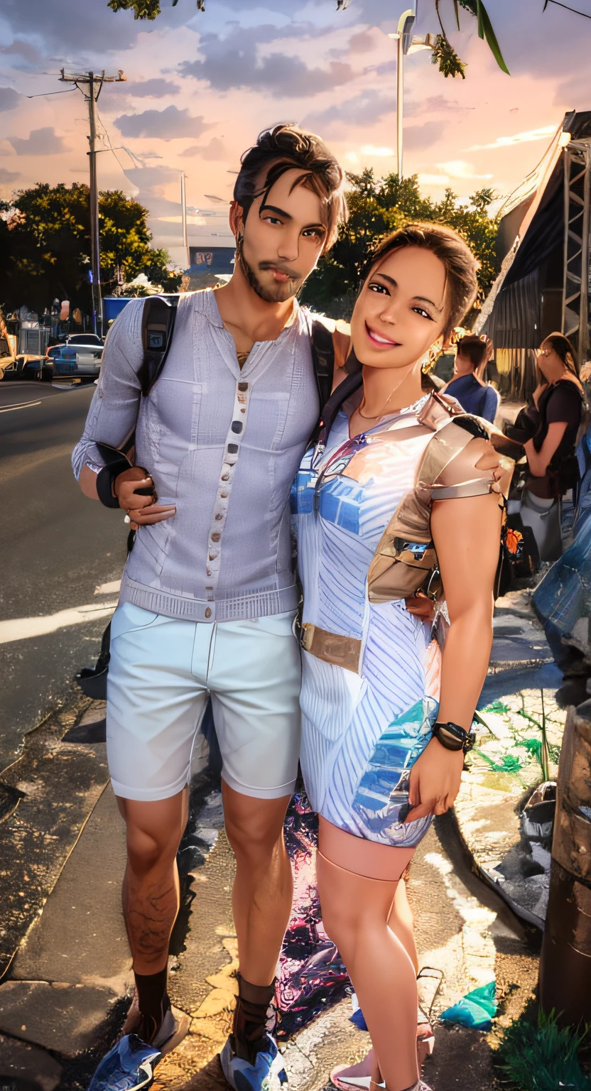 (a man and a woman standing side by side on a sidewalk, album photo, profile picture),photorealistic,highres,ultra-detailed,colorful,soft lighting,urban setting,casual clothing,affectionate gaze,gentle smile,beautiful couple,love,connection,romantic atmosphere,street art in the background,vibrant colors,graffiti,modern cityscape,mixed media artwork,portrait style,stylish,relaxed posture,confident expressions,slight breeze,life-like details,realistic shadows,city lights reflecting on the wet ground,no distractions in the background.