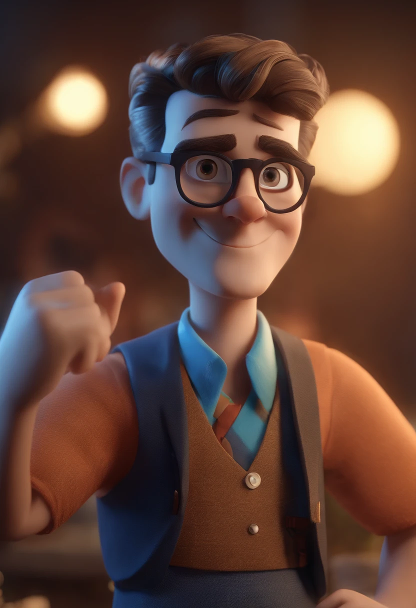 Cartoon character of a man with black glasses and a blue shirt, animation character, Caractere estilizado, animation style rendering, 3D estilizado, Arnold Maya render, 3 d render stylized, toon render keyshot, Personagem 3D, Personagem 3D, 3d rendering stylized, 3 d character render, personagem de desenho animado, Personagem de close up, Pose de personagem, (Estilo Pixar) (master part:1.2) (Bokeh) (best quality) (pele detalhada) (textura detalhada) (8k) (argila) (Cinematic lighting) (foco nítido