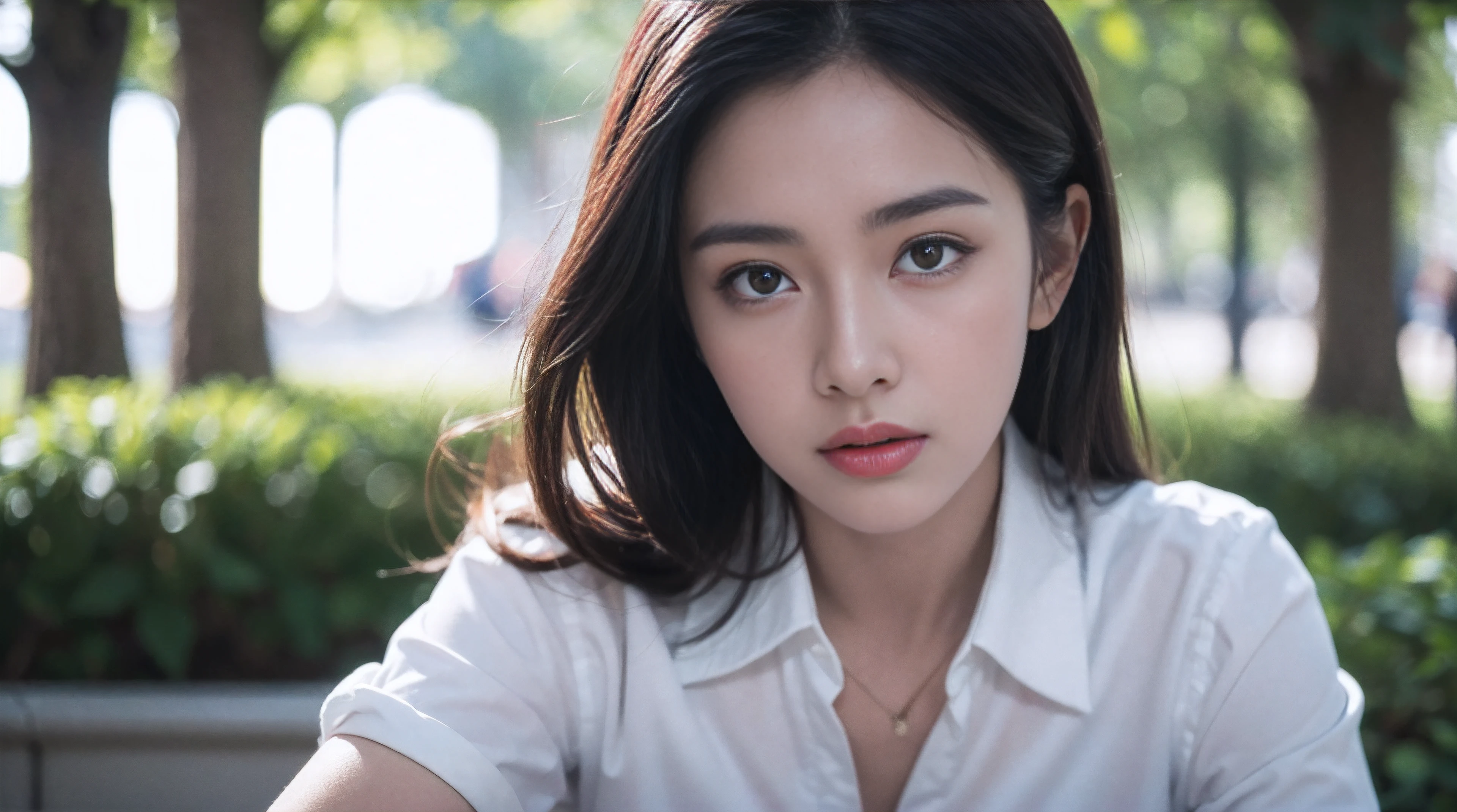 (((realistic photography))),, portrait, (afraid face:1.3),, beautiful girl, looking at viewer, shirt buttoned and trousers, , (busty cleavage:0.2),, in the park, (environment details:1.3),, (RAW Photo, cg unity, photography, ultra realistic details, sharp focus, detailed skin,4k, high-res, masterpiece, best quality, realistic, vibrant:1.2),, (8k,4k, UHD, high resolution, professional, cinematic, movie, dramatic),, (anamorphic depth of field blur background), detailed background.