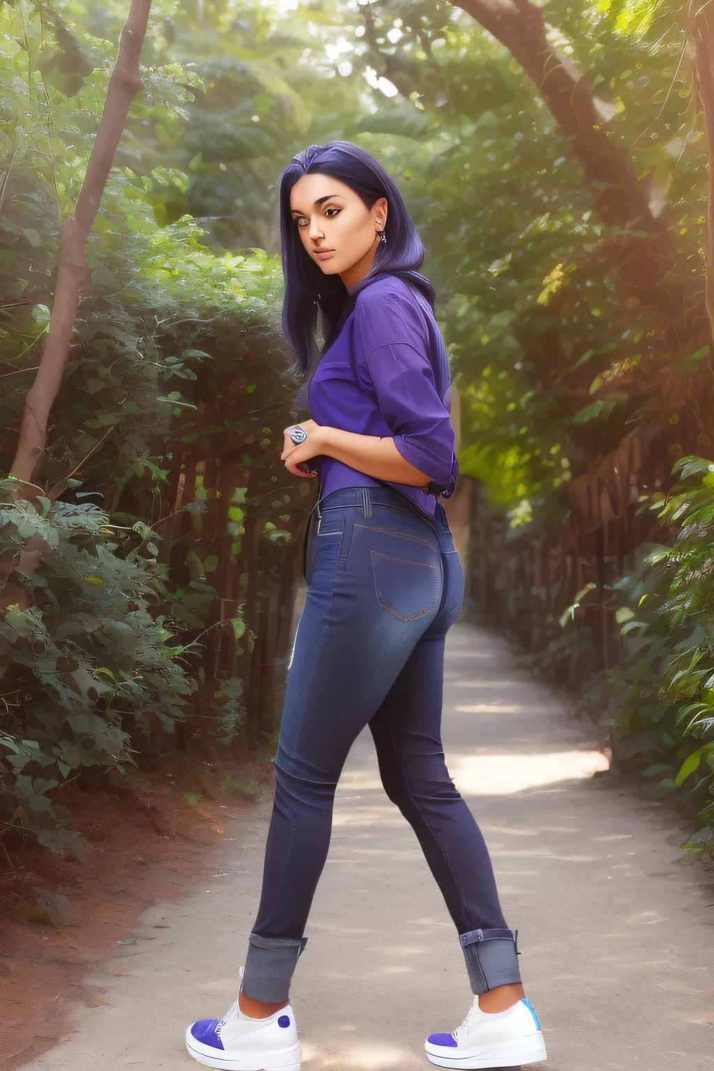 cabelo preto rabo de cavalo,
Wearing blue indigo jeans,
Purple short-sleeved shirt that goes up to the waist,
Dark brown bootie sneakers.