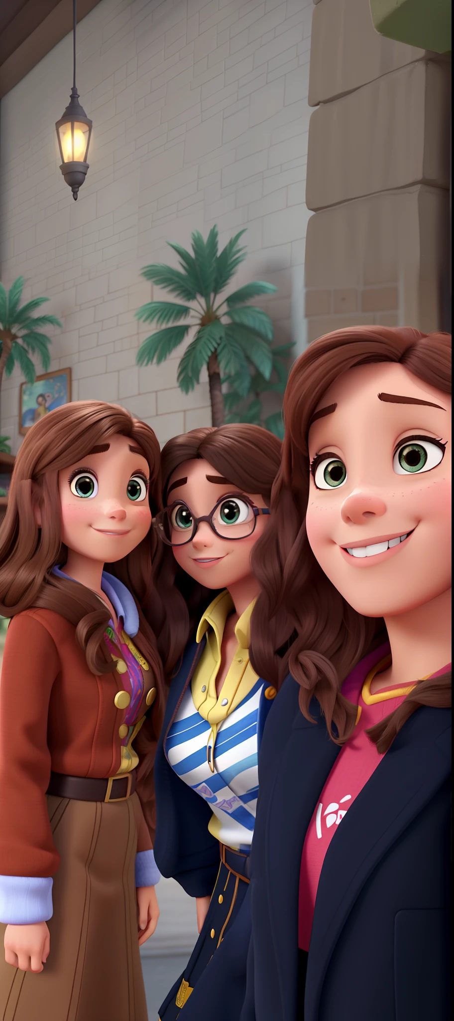 Three brunette women Disney Pixar style, alta qualidade, melhor qualidade, pano de fundo biblioteca