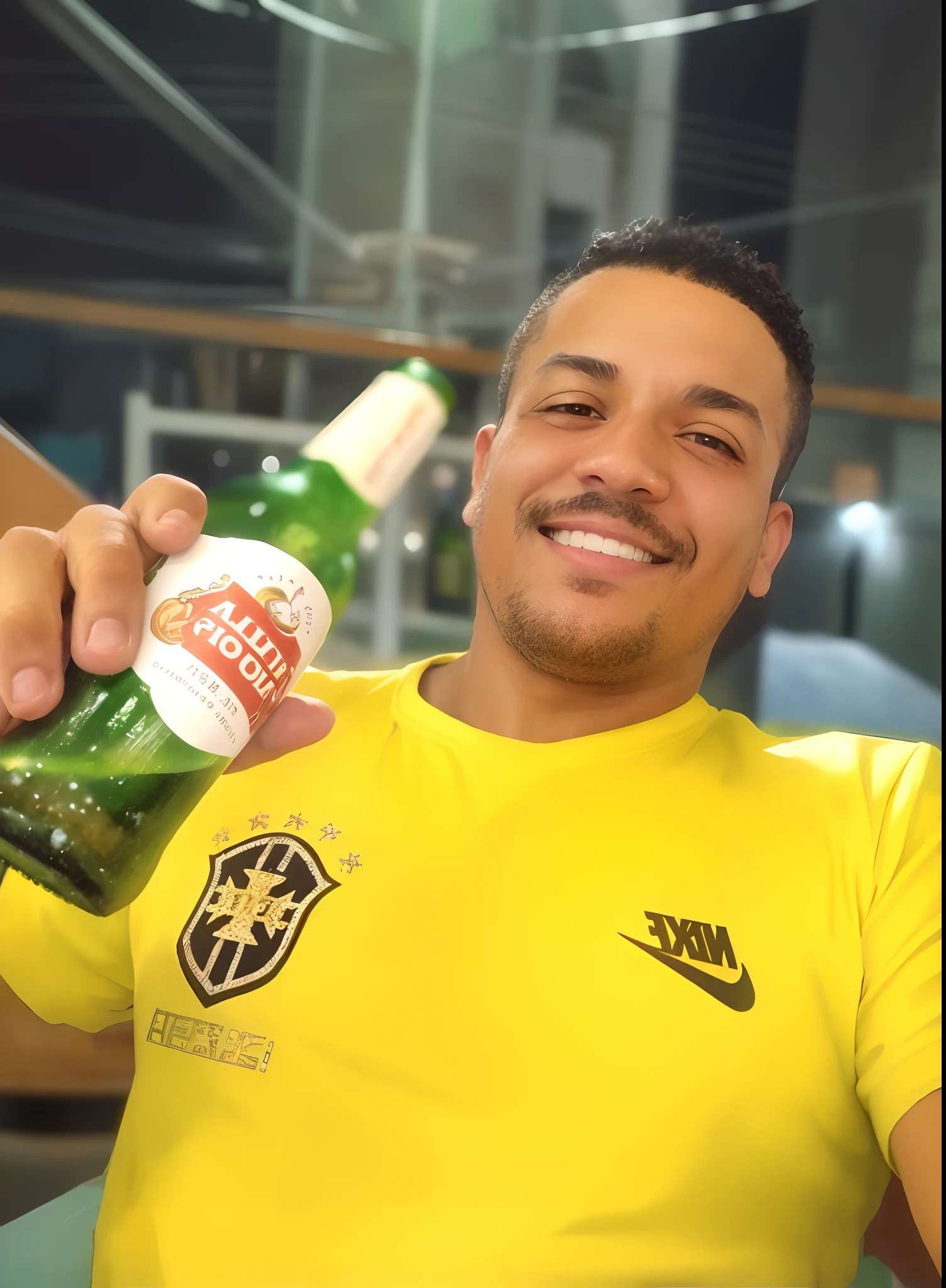 arafed man holding a beer bottle and a bottle of beer, ronaldo nazario, ronaldo nazario fenomeno, edu souza, adreas rocha, dan dos santos, ronaldo luis nazario da lima, carmelo blandino, caio santos, ástor alexander, david rios ferreira, icaro carvalho, ronaldo luis nazario de lima,pixarstyle um retrato na altura da cintura de um homem com sorriso, textura natural da pele, texturas 4k, hdr, intrincado, altamente detalhado, foco nítido, cinematic visual, hiperdetalhado