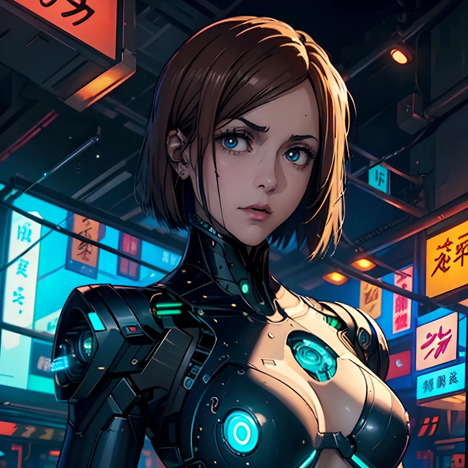 Professional portrait in cyberpunk style, thigh-high photo, one woman, metal skull, scar on face, metal torso, metal arms, old rusty armor, night city, neon lights, eye contact, looking at viewer, masterpiece, best quality, perfect detail, perfect face detail, perfect eye detail, perfect skin detail, depth of field, perfect lighting
