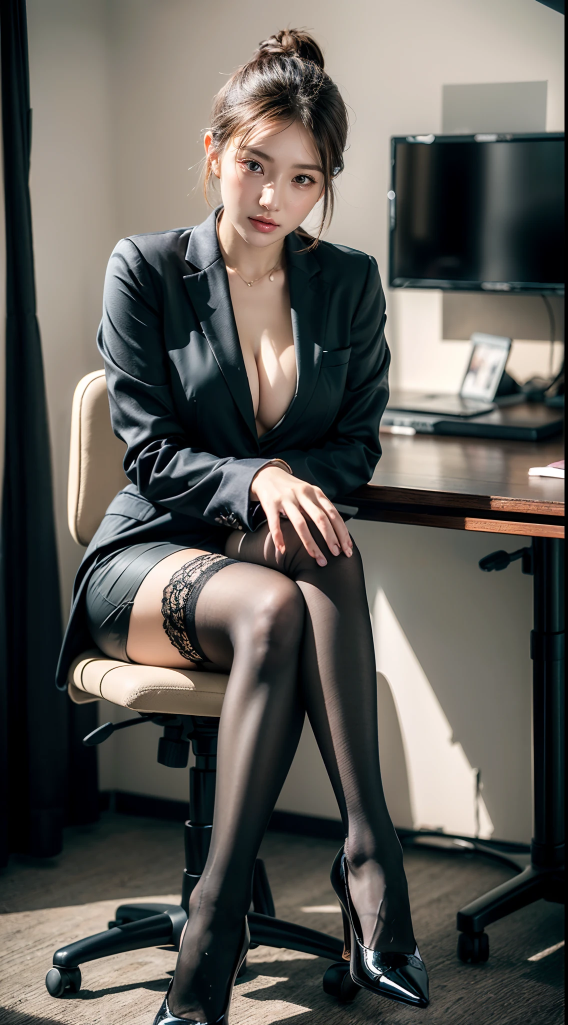 The face is :9,1714884241], High-end elite secretary in business shirt, Working from a chair in the office、wearing a strict business suit, (Wearing pantyhose)、(Short layer hair)、Crossed legs, Wear high-quality heels、 (thighhighs and skirt), Girl in a shirt, Wearing a business suit, Wearing a business suit, in a business suit, businesswoman, business outfit, wearing black business suit, Wear a shirt and skirt., Woman in business suit, business outfit, business outfit, Raw foto, (8K、Top  Quality、​masterpiece:1.2)、(delicate detail:1.4)、(Photorealcitic:1.4)、octan render、Complex 3D rendering, Ultra-detail, Studio Soft Light (Studio Soft Light) (Studio Soft Light, Rim Light, vibrant details, Super detailing, Realistic Skin Textures, Detail Face, Beautiful detail eyes, Highly detailed CG Unity 16k wallpapers, Makeup-, (detailed background:1.2), exposed thighs!!!,