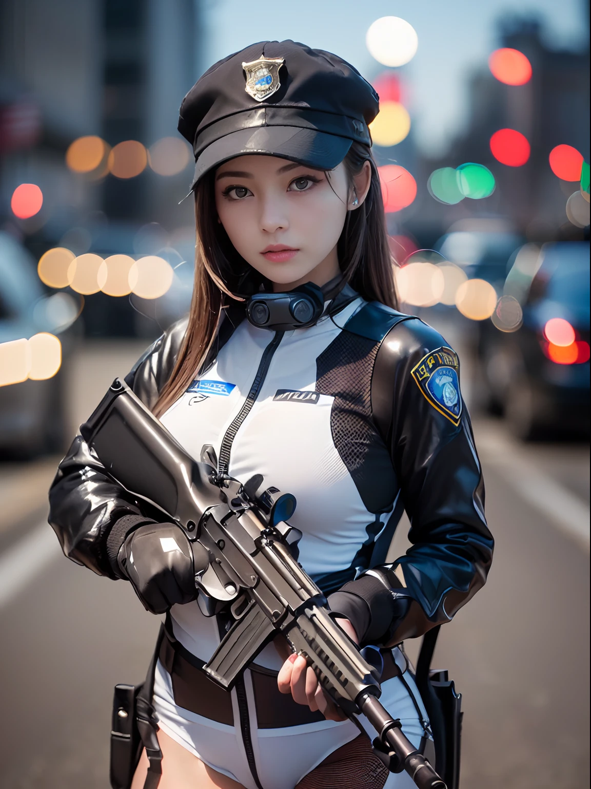 Highest image quality，excellent details，超A high resolution，Swat，Police of the future，Model Figure，Dynamic Poses，Grim expression，harsh eyes，masks，She wears a futuristic SWAT uniform，She was standing in front of a police car，Robust body，Sexy and durable，Detailed abs，Detailed muscle lines，Sense of strength，perspired，the night，toyko，Outside，street corner，Tokyo city street：1.5，Background of night view of Tokyo，At night，neon light，sense of science and technology，FutureTech，Highly detailed cyberpunk style，Cyberpunk Personality：2.0，Highly detailed police uniforms：2.0，Highly detailed police hat，Highly detailed police，Highly detailed police badge，Highly detailed armband，Highly detailed police strips，Highly detailed epaulettes，Wear a police hat，Highly detailed electric baton:1.5，Highly detailed guns:1.5，Guns of the future，intercom，Wireless Devices：1.5，Cuffed：1.5，police cars：1.5，Police car of the future，（Highly detailed body，Highly detailed face，best qualtiy：1.2） ，frontage，full body Esbian，Look from the bottom up，look from down, looking at viewert，mechs，Background of Tokyo City，tokio city，toyko，（（mechs：1.5）），（（Highly detailed police uniforms：2.0）），（（Swat：2.0）），（（Holding a leather whip with both hands：2.0）），（（With a gun：2.0）），（（Tokyo city background at night：2.0）），（（Complex streets：1.5）），（（Highly detailed police car：2.0）），（fully body photo：2.0），（（the night：2.0）），（（Detailed hand：2.0）），（（harmonious body proportions：1.5）），（（Normal limbs：2.0）），（（normal fingers：2.0）），（（Detailed eyes：2.0）），（（normal eyes：2.0）），