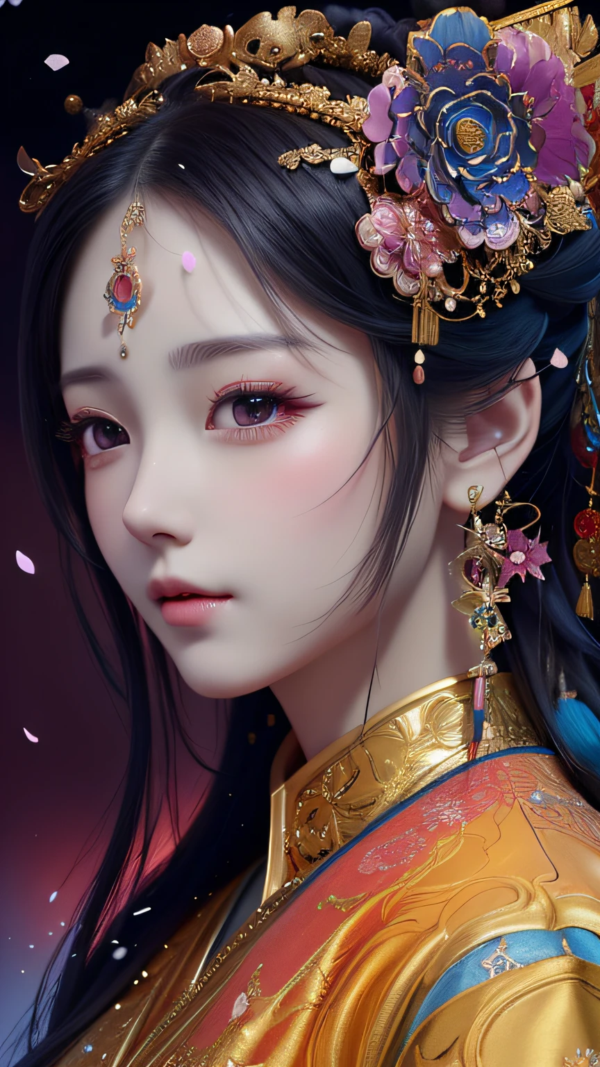 (masterpiece, best quality, high resolution:1.2), (extremely detailed, realistic), a woman with a flower in her hair and a gold headpiece, beautiful character painting, artwork in the style of guweiz, stunning digital illustration, beautiful digital artwork, palace, chinese girl in hanfu, fantasy art, empress