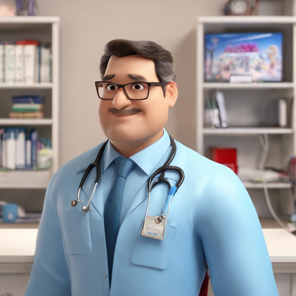 Create a Disney Pixar-inspired poster with the character being the orthopedic doctor, Knee Surgeon, 45-year-old Japanese descendant, cabelos pretos e corte social, without glasses, Wearing a lab coat with a blue shirt and red tie examining the knee of a 32-year-old patient in a modern hospital office.