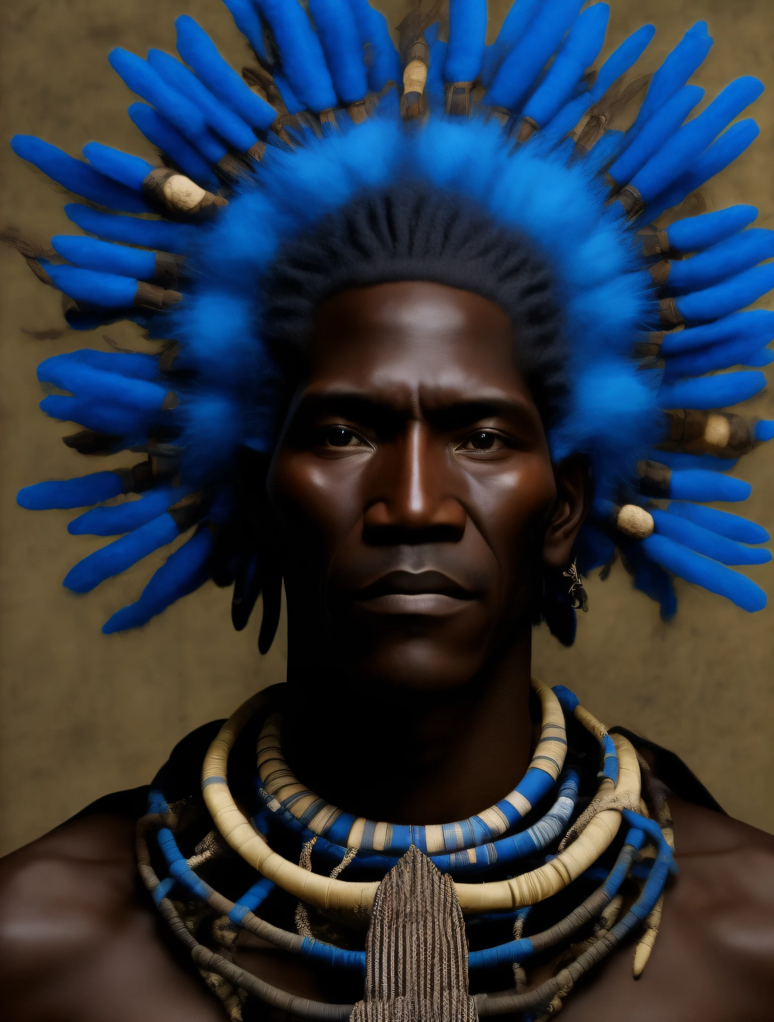 CABOCLO ogum 7 espadas, mestizo black man, indio, adornos tipicos indigena,vestindo um ade de penas azuis e brancas. intrincado, entidade da umbanda, rosto pintadio azul e branco e branco, olhar penetrante, cosmic god,