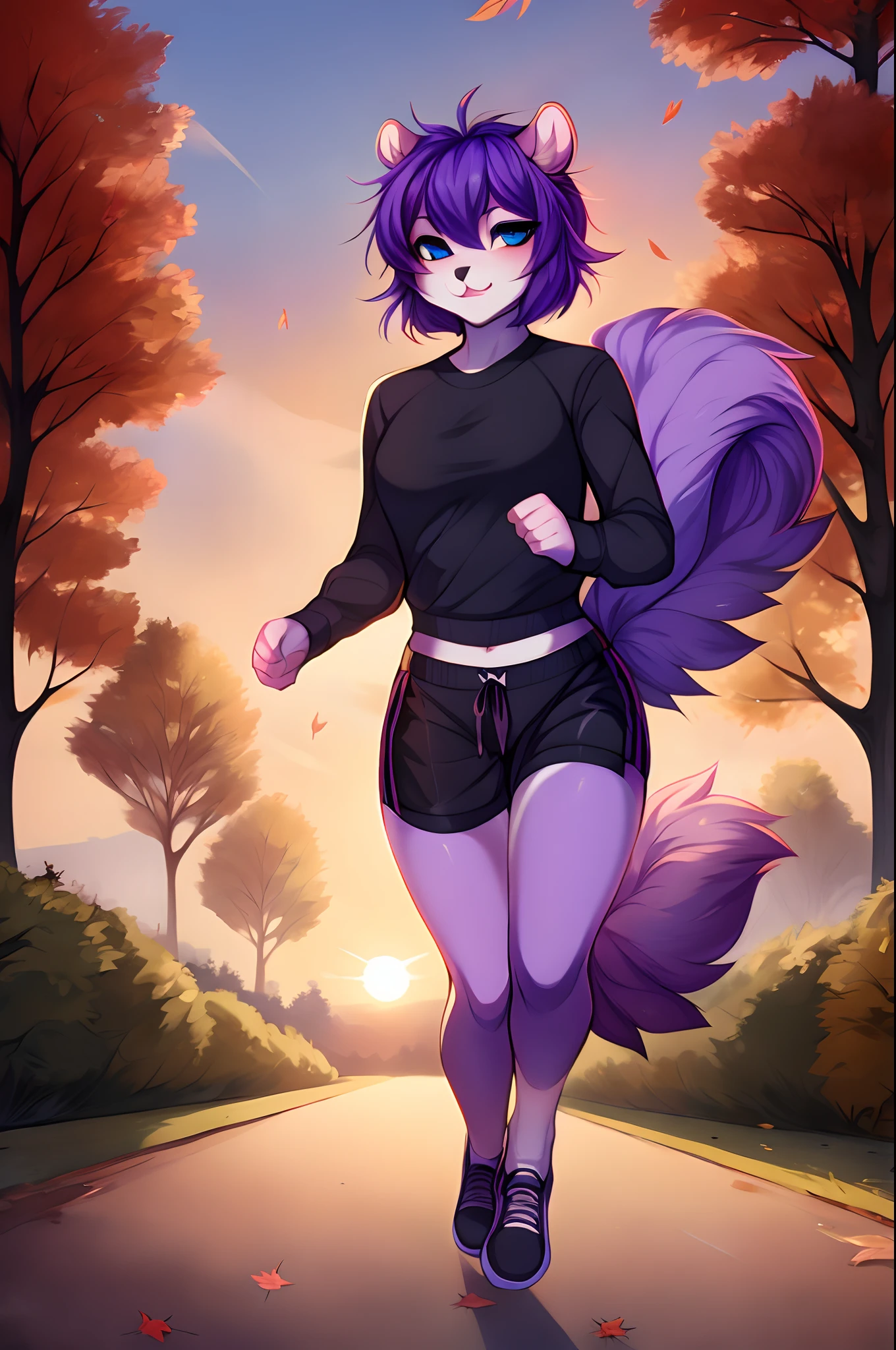 Solo, kaori, purple squirrel girl, blue eyes, shaggy purple hair, cute snout, black nose, cute small squirrel tail, long sleeve black shirt, black shorts, digitigrade running shoes, Cloudy weather, early morning, sunrise, cold weather, autumn, soft lighting, sprinting, running towards viewer, in a park, leaves blowing in the wind, steam coming out of mouth, serious face, tired expression, By fumiko