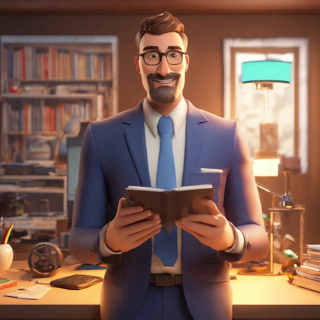 Criar um personagem no estilo Pixar. Trata-se de um homem de 40 anos com estilo jovial, com barba comprida, Branco, com cabelos castanhos curtos e olhos castanhos. Ele deve estar na frente de um computador, He is a businessman