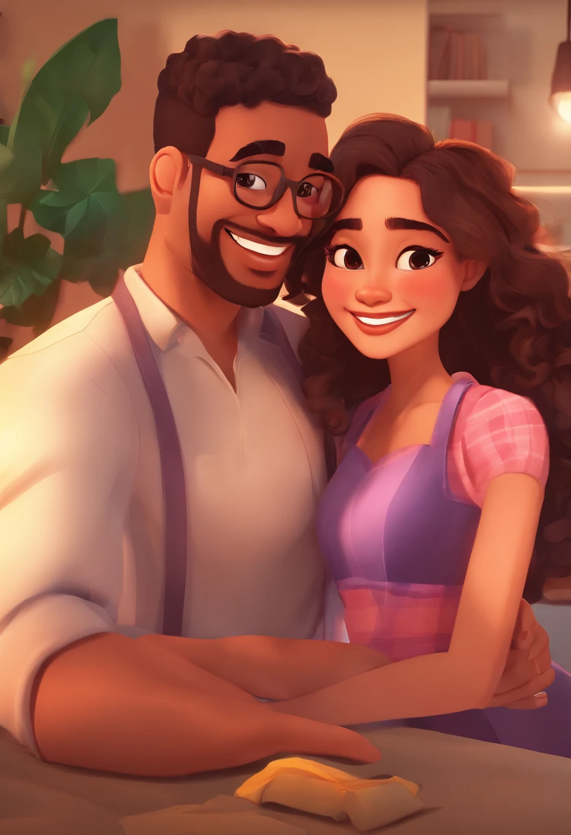 An illustration of an adorable couple, Highlight for a chubby mulatto man with smiling glasses and a brunette woman with beautiful expressive eyes - the man's skin is mulatto and the man's hair has, while the woman's skin is black and the woman's hair is straight and brown. They are a bright room, cada um com um sorriso no rosto, e compartilhar um momento especial caracterizado pelo amor, Insights. Illustrate this scene from a perspective where they are facing the camera, Smiling and Showing Your Connection. Desenvolva esta arte em Full HD, Focus on your cinematic touch, Estilo Disney Pixar Animations