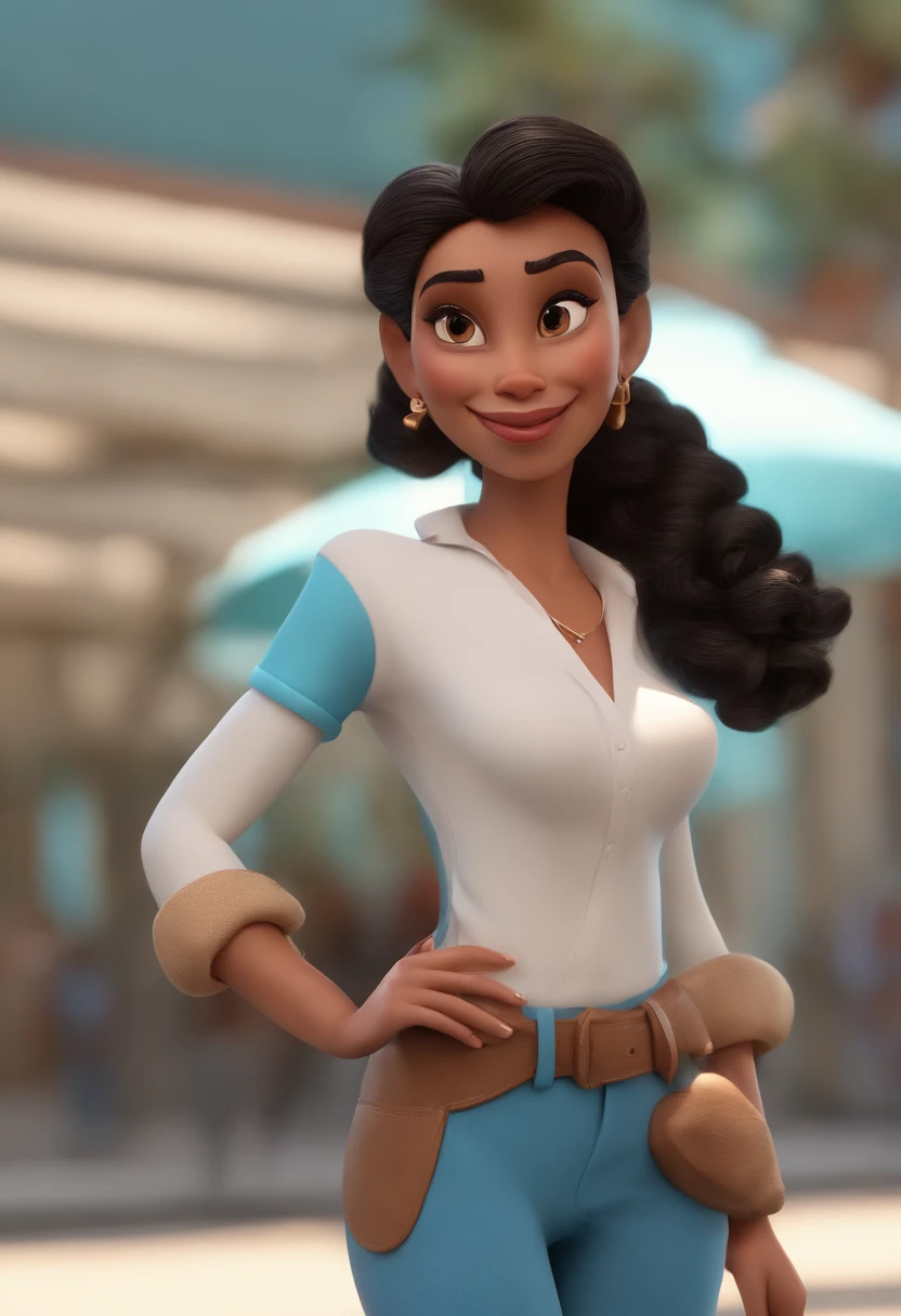 personagem dos desenhos animados de uma idosa de cabelos pretos enrolados, White t-shirt and light blue pants, animation character, Caractere estilizado, animation style rendering, 3D estilizado, Arnold Maya render, 3 d render stylized, toon render keyshot, Personagem 3D, Personagem 3D, 3d rendering stylized, 3 d character render, personagem de desenho animado, Personagem de close up, Pose de personagem, (Estilo Pixar) (master part:1.2) (Bokeh) (best quality) (pele detalhada) (textura detalhada) (8k) (argila) (Cinematic lighting) (foco nítido