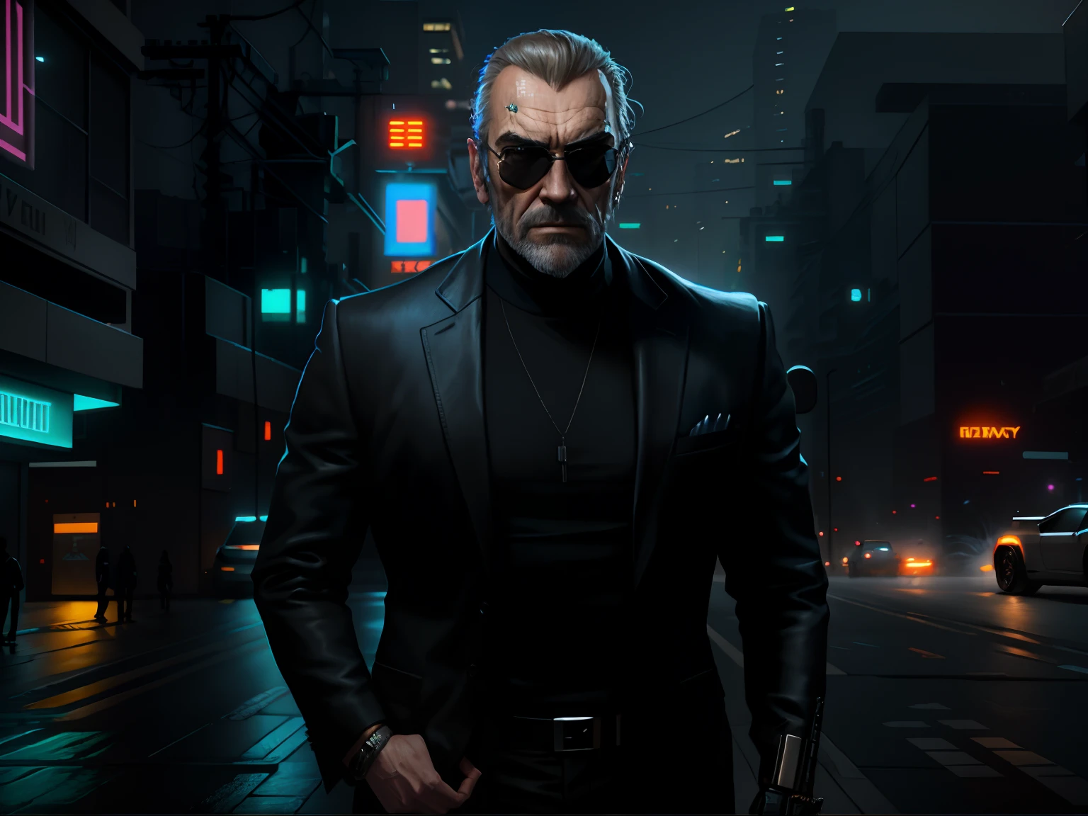 A man in a suit and sunglasses is standing on the street, A pistol in his hands, Sean Connery as Big Boss, cyberpunk art ultrarealistic 8k, The Big Boss, Concept art like Ernest Khalimov's, 3d rendered character art 8 K, anton fadeev 8 k, Hackneyed technology. neo noir style, neo noir, hyper realistic cyberpunk style, james gurney painting style