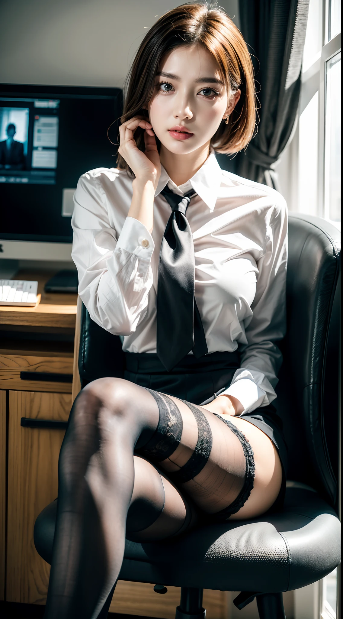 The face is :9,1714884241], High-end elite secretary in business shirt, Working in a chair in an office、wearing a strict business suit, (Wearing pantyhose)、(Short layer hair)、Crossed legs, Wear high-quality heels、 (thighhighs and skirt), Girl in a shirt, Wearing a business suit, Wearing a business suit, in a business suit, businesswoman, business outfit, wearing black business suit, Wear a shirt and skirt., Woman in business suit, business outfit, business outfit, Raw foto, (8K、Top  Quality、​masterpiece:1.2)、(delicate detail:1.4)、(Photorealcitic:1.4)、octan render、Complex 3D rendering, Ultra-detail, Studio Soft Light (Studio Soft Light) (Studio Soft Light (Studio Soft Light)), Rim Light, vibrant details, Super detailing, Realistic Skin Textures, Detail Face, Beautiful detail eyes, Highly detailed CG Unity 16k wallpapers, Makeup-, (detailed background:1.2), exposed thighs!!!,