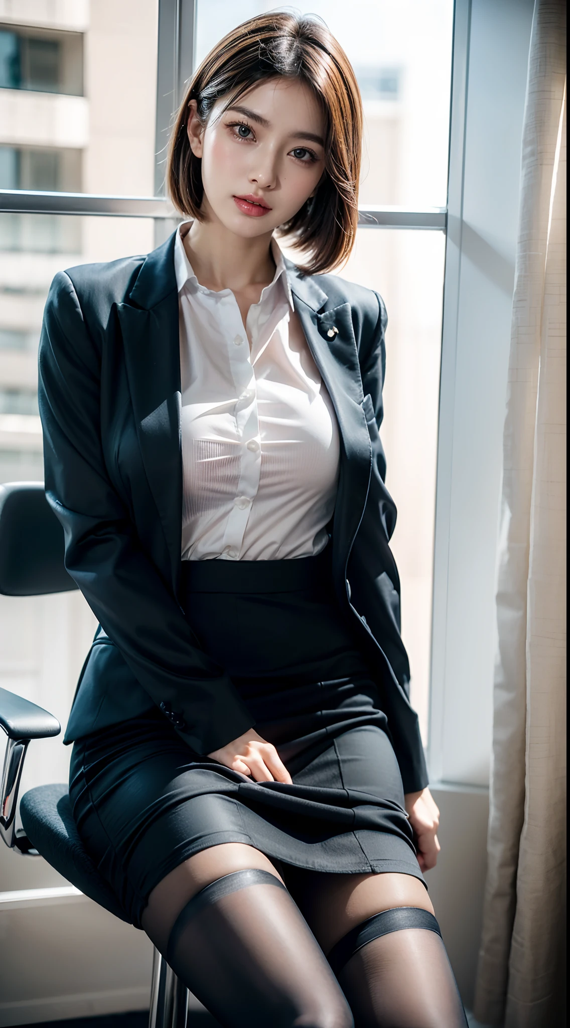 The face is :9,1714884241], High-end elite secretary in business shirt, Working in a chair in an office、wearing a strict business suit, (Wearing pantyhose)、(Short layer hair)、Crossed legs, Wear high-quality heels、 (thighhighs and skirt), Girl in a shirt, Wearing a business suit, Wearing a business suit, in a business suit, businesswoman, business outfit, wearing black business suit, Wear a shirt and skirt., Woman in business suit, business outfit, business outfit, Raw foto, (8K、Top  Quality、​masterpiece:1.2)、(delicate detail:1.4)、(Photorealcitic:1.4)、octan render、Complex 3D rendering, Ultra-detail, Studio Soft Light (Studio Soft Light) (Studio Soft Light (Studio Soft Light)), Rim Light, vibrant details, Super detailing, Realistic Skin Textures, Detail Face, Beautiful detail eyes, Highly detailed CG Unity 16k wallpapers, Makeup-, (detailed background:1.2), exposed thighs!!!,