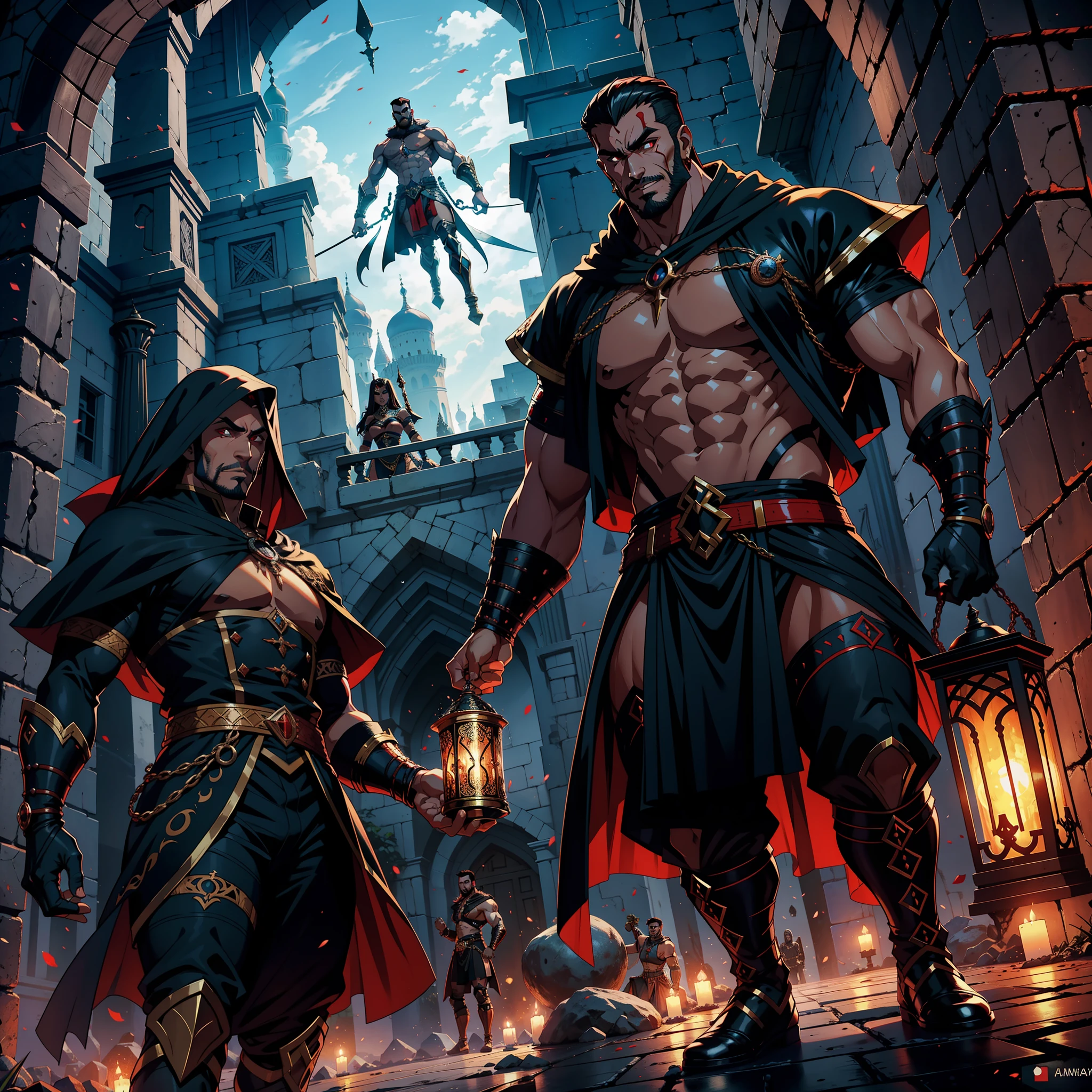 Marocain Arabe Seigneur very happy Musculaire Corps Musculaire Effrayant Visage Dracula Guerrier Marocain with his wife Armure Porter Muscle, fearless, Scary handsome man with his scary warriors at the head of an army e of djinns environment environment 3d view
