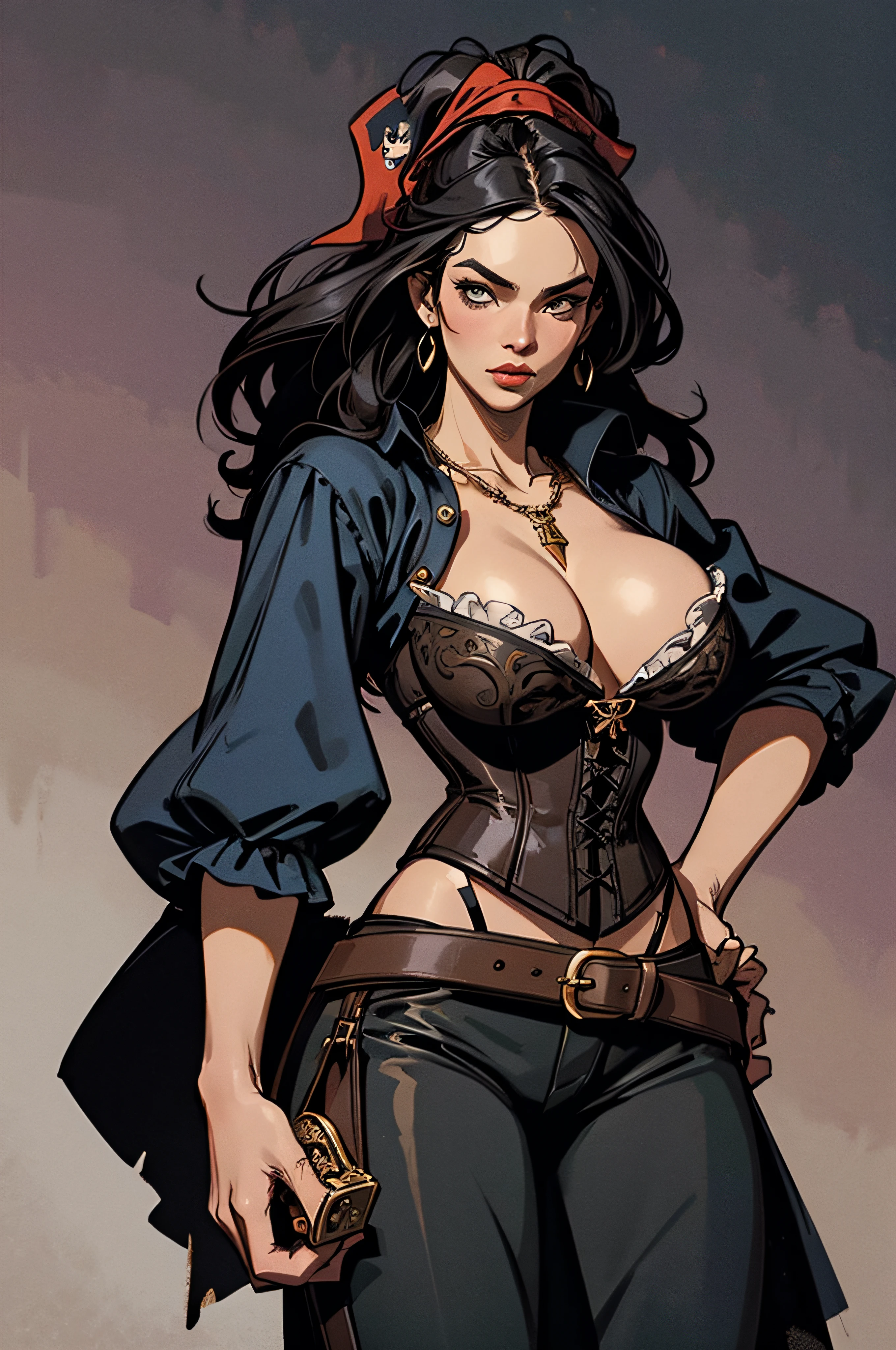 a female pirate with a sexy body figure, (Pirate:1.25), hunting, medieval theme, ((MILF)), fierce look, dynamic poses, dynamic angle shot, from below, from above, flowing hair, (((masterpiece))), ((best quality)), ((intricate detailed)), ((Hyperrealistic)), a sexy woman with pirates attributes cloths, (huge breast), pirate bandana, jewelry, necklace, eye patch, pirate white medieval shirt with ruffle collar and ruffle sleeve, pirate waist sash, corset , leather pants , belt, dark skin, long dress, gun holster, , perspective, highly detailed, illustration, 1 girl, perfect hands, detailed fingers, beautiful detailed eyes, black hair, long hair (fantasy:1.2), abstract background, at pirate ship , nightview ,fierce look, looking at the viewer, from the front,