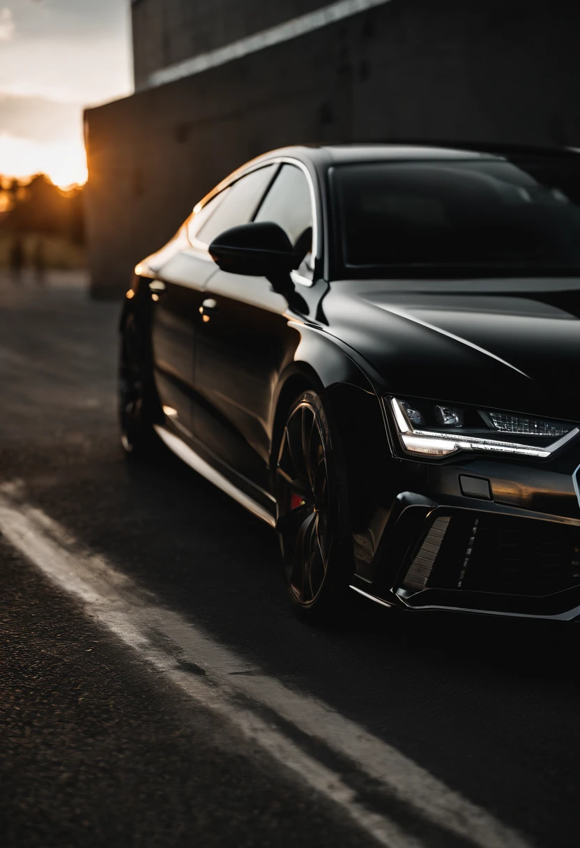 Audi RS7, drifter,  lowered, stanced, low profile tires, Toyo tires , parked in a dark empty parkade, low light, golden hour, overcast, light rays, raytracing, realism, crystal clear image, intricate details, 200mm f2, detailed asphalt, realistic cracks in asphalt, close up, car portrait , car photography, aiming camera parallel with the runway, commercial quality