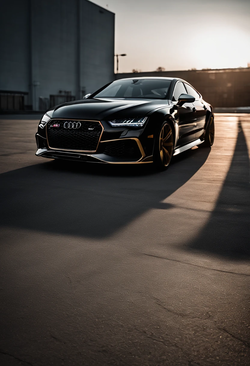 Audi RS7, drifter,  lowered, stanced, low profile tires, Toyo tires , parked in a dark empty parkade, low light, golden hour, overcast, light rays, raytracing, realism, crystal clear image, intricate details, 200mm f2, detailed asphalt, realistic cracks in asphalt, close up, car portrait , car photography, aiming camera parallel with the runway, commercial quality