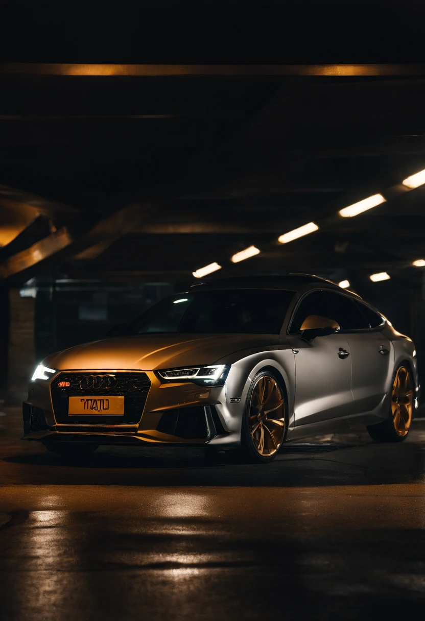 Audi RS7, drifter,  lowered, stanced, low profile tires, Toyo tires , parked in a dark empty parkade, low light, golden hour, overcast, light rays, raytracing, realism, crystal clear image, intricate details, 200mm f2, detailed asphalt, realistic cracks in asphalt, close up, car portrait , car photography, aiming camera parallel with the runway, commercial quality