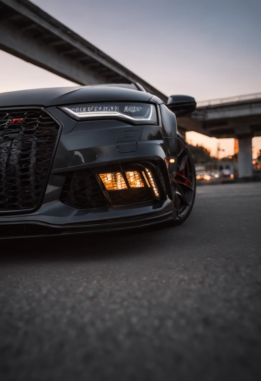 Audi RS7, drifter,  lowered, stanced, low profile tires, Toyo tires , parked in a dark empty parkade, low light, golden hour, overcast, light rays, raytracing, realism, crystal clear image, intricate details, 200mm f2, detailed asphalt, realistic cracks in asphalt, close up, car portrait , car photography, aiming camera parallel with the runway, commercial quality