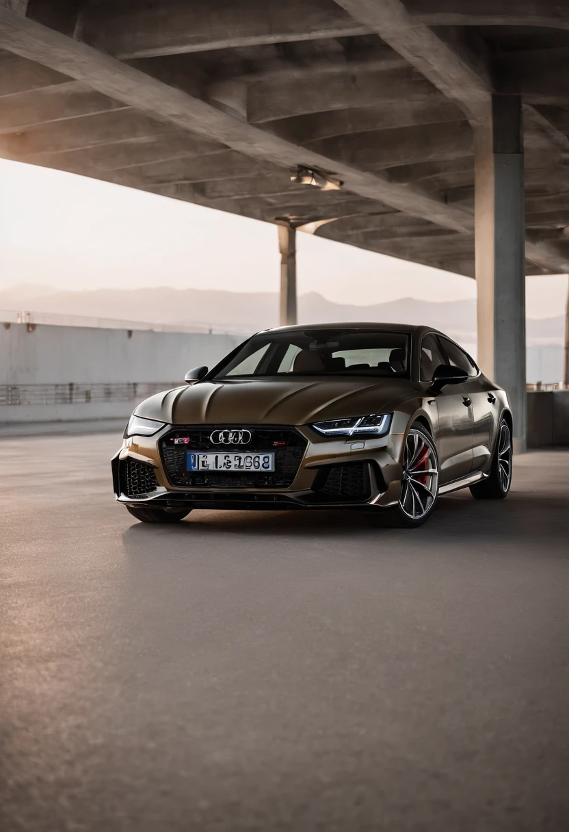 Audi RS7, drifter, lowered, stanced, low profile tires, Toyo tires , parked in a dark empty parkade, low light, golden hour, overcast, light rays, raytracing, realism, crystal clear image, intricate details, 200mm f2, detailed asphalt, realistic cracks in asphalt, close up, car portrait , car photography, aiming camera parallel with the runway, commercial quality