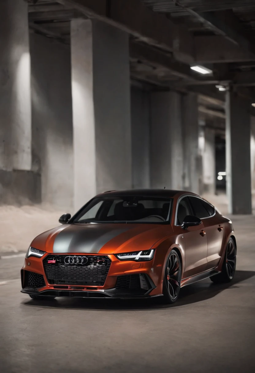 Audi RS7, drifter,  lowered, stanced, low profile tires, Toyo tires , parked in a dark empty parkade, low light, golden hour, overcast, light rays, raytracing, realism, crystal clear image, intricate details, 200mm f2, detailed asphalt, realistic cracks in asphalt, close up, car portrait , car photography, aiming camera parallel with the runway, commercial quality