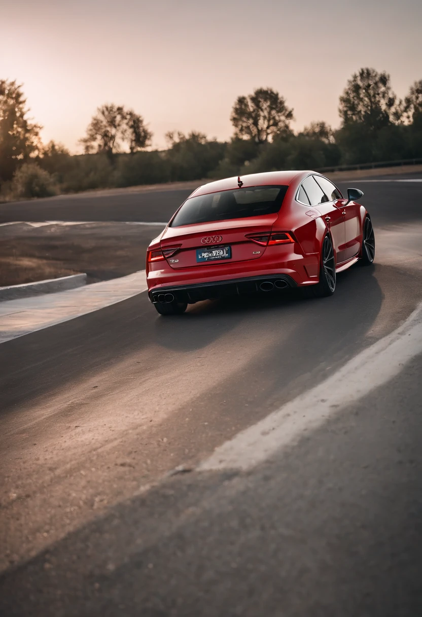 Audi RS7, drifter,  lowered, stanced, low profile tires, Toyo tires , parked in a dark empty parkade, low light, golden hour, overcast, light rays, raytracing, realism, crystal clear image, intricate details, 200mm f2, detailed asphalt, realistic cracks in asphalt, close up, car portrait , car photography, aiming camera parallel with the runway, commercial quality