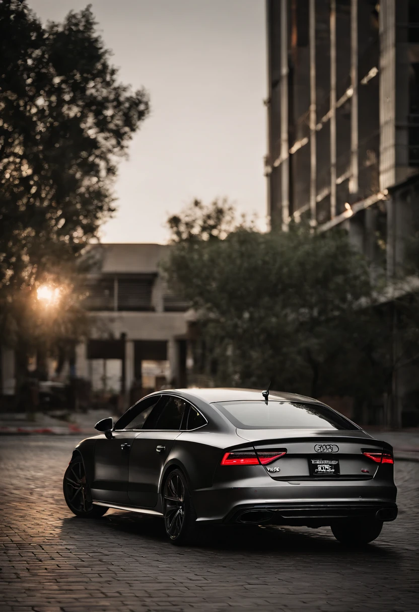 Audi RS7, drifter,  lowered, stanced, low profile tires, Toyo tires , parked in a dark empty parkade, low light, golden hour, overcast, light rays, raytracing, realism, crystal clear image, intricate details, 200mm f2, detailed asphalt, realistic cracks in asphalt, close up, car portrait , car photography, aiming camera parallel with the runway