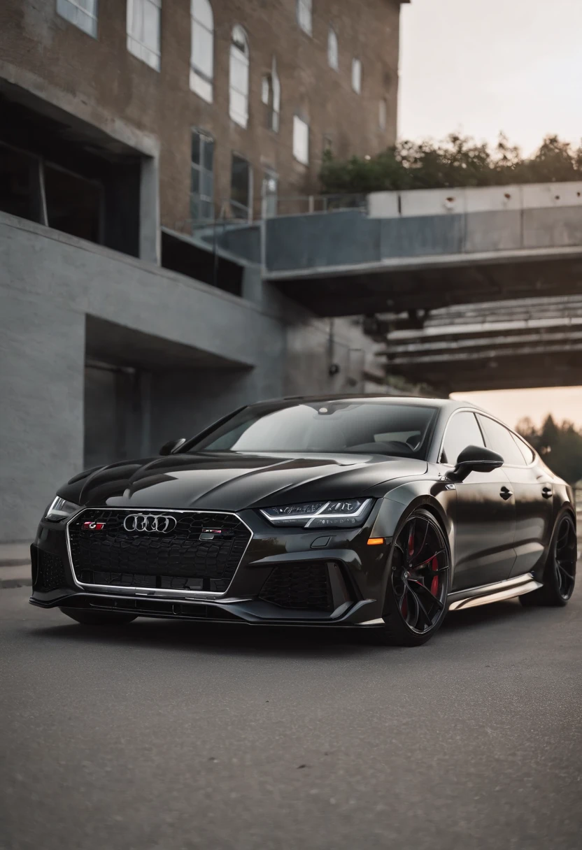 Audi RS7, drifter,  lowered, stanced, low profile tires, Toyo tires , parked in a dark empty parkade, low light, golden hour, overcast, light rays, raytracing, realism, crystal clear image, intricate details, 200mm f2, detailed asphalt, realistic cracks in asphalt, close up, car portrait , car photography, aiming camera parallel with the runway