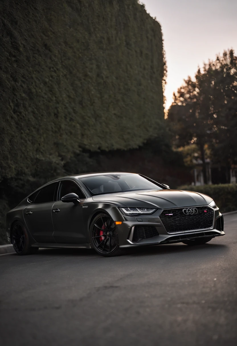 Audi RS7, drifter, lowered, stanced, low profile tires, Toyo tires , parked in a dark empty parkade, low light, golden hour, overcast, light rays, raytracing, realism, crystal clear image, intricate details, 200mm f2, detailed asphalt, realistic cracks in asphalt, close up, car portrait , car photography, aiming camera parallel with the runway