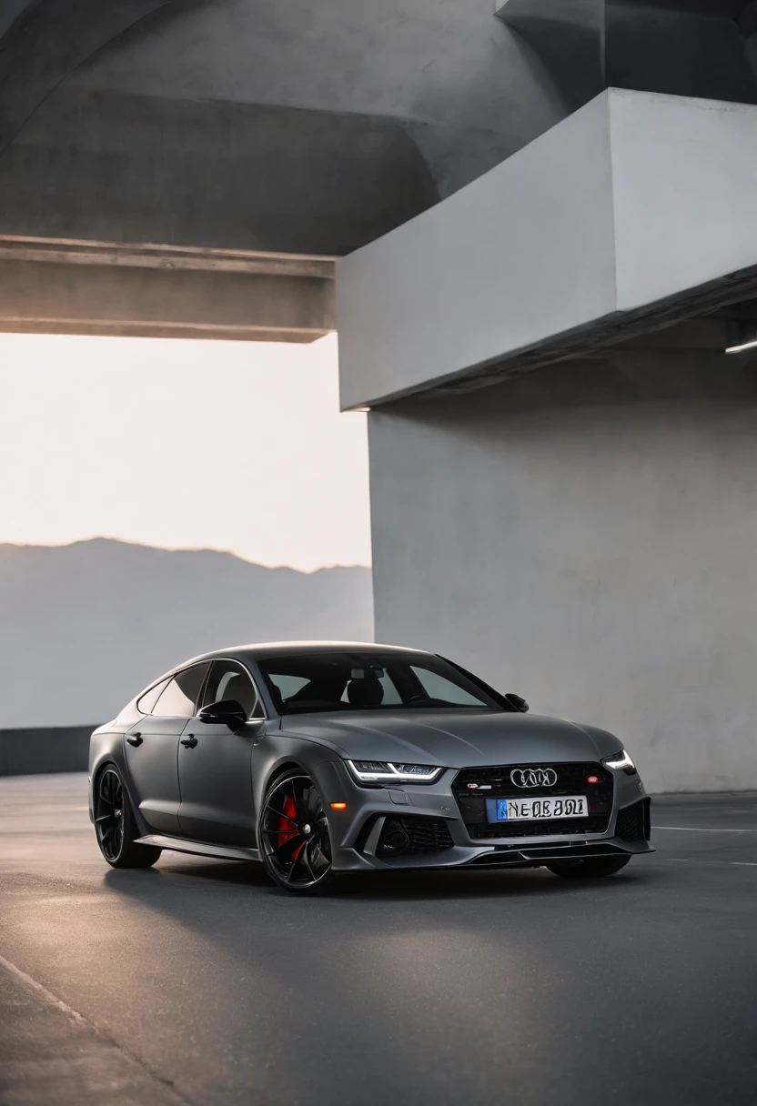 Audi RS7, drifter, lowered, stanced, low profile tires, Toyo tires , parked in a dark empty parkade, low light, golden hour, overcast, light rays, raytracing, realism, crystal clear image, intricate details, 200mm f2, detailed asphalt, realistic cracks in asphalt, close up, car portrait , car photography, aiming camera parallel with the runway
