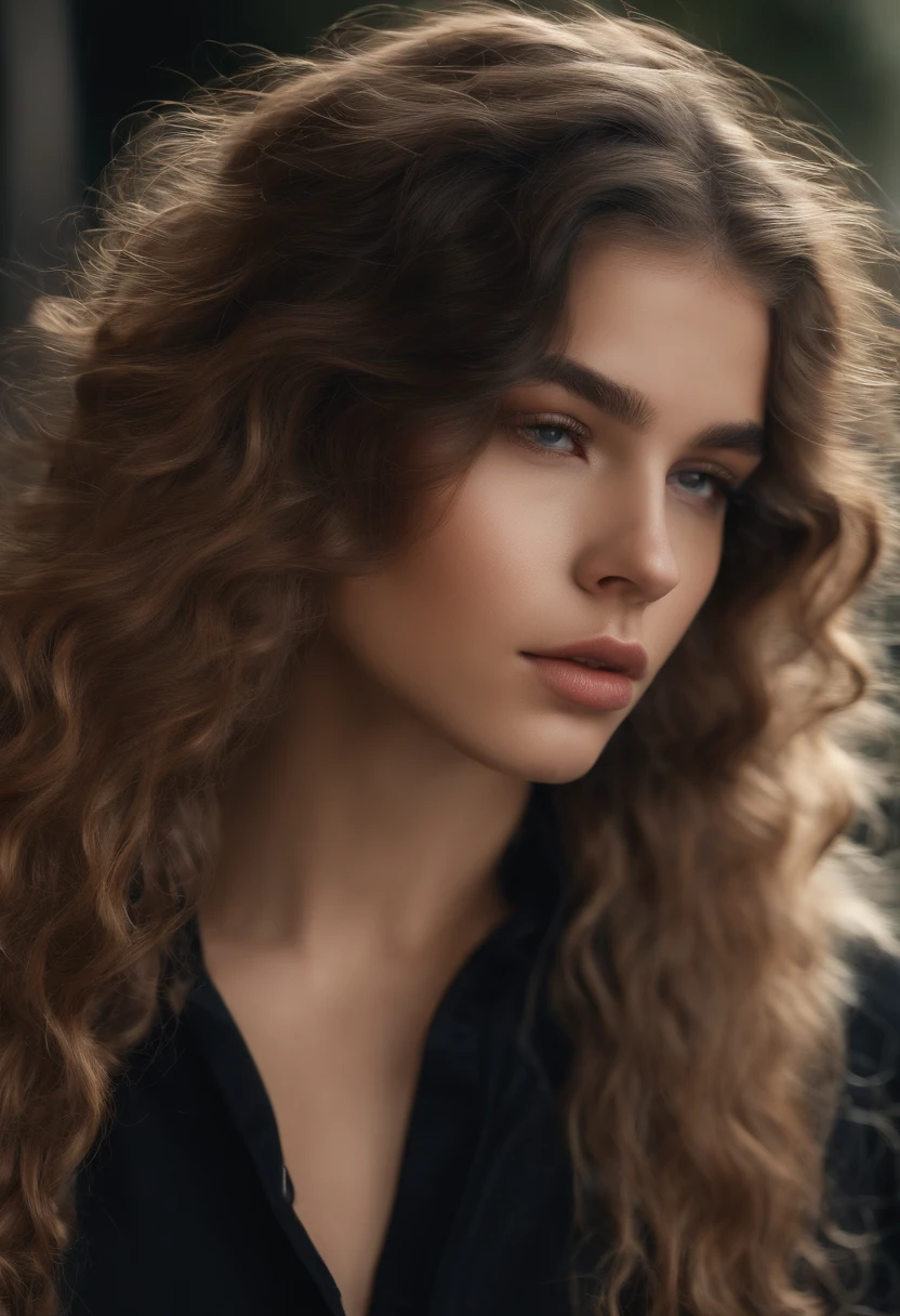 UMA ADOLESCENTE DE COM O CABELO CACHEADO PRETO, ALTA, COM SOBRANCELHAS UM POUCO RALAS, LIPS WITH MEDIUM THICKNESS WHO WEARS LOUGAS CLOTHES, PANTS AND CLOTHES NOT VERY COLORFUL. ESTILO 3D