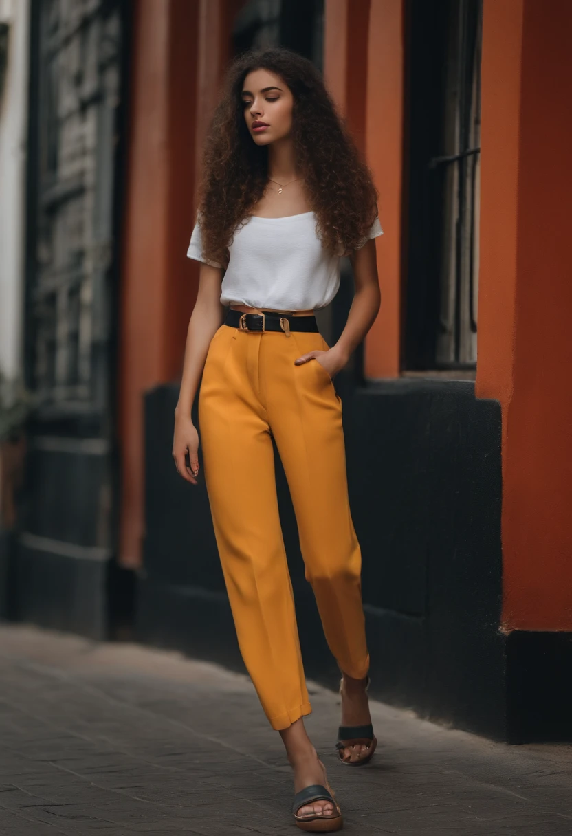 UMA ADOLESCENTE DE 17 ANOS COM O CABELO CACHEADO PRETO, ALTA, COM SOBRANCELHAS UM POUCO RALAS, LIPS WITH MEDIUM THICKNESS WHO WEARS LOUGAS CLOTHES, PANTS AND CLOTHES NOT VERY COLORFUL. ESTILO 3D