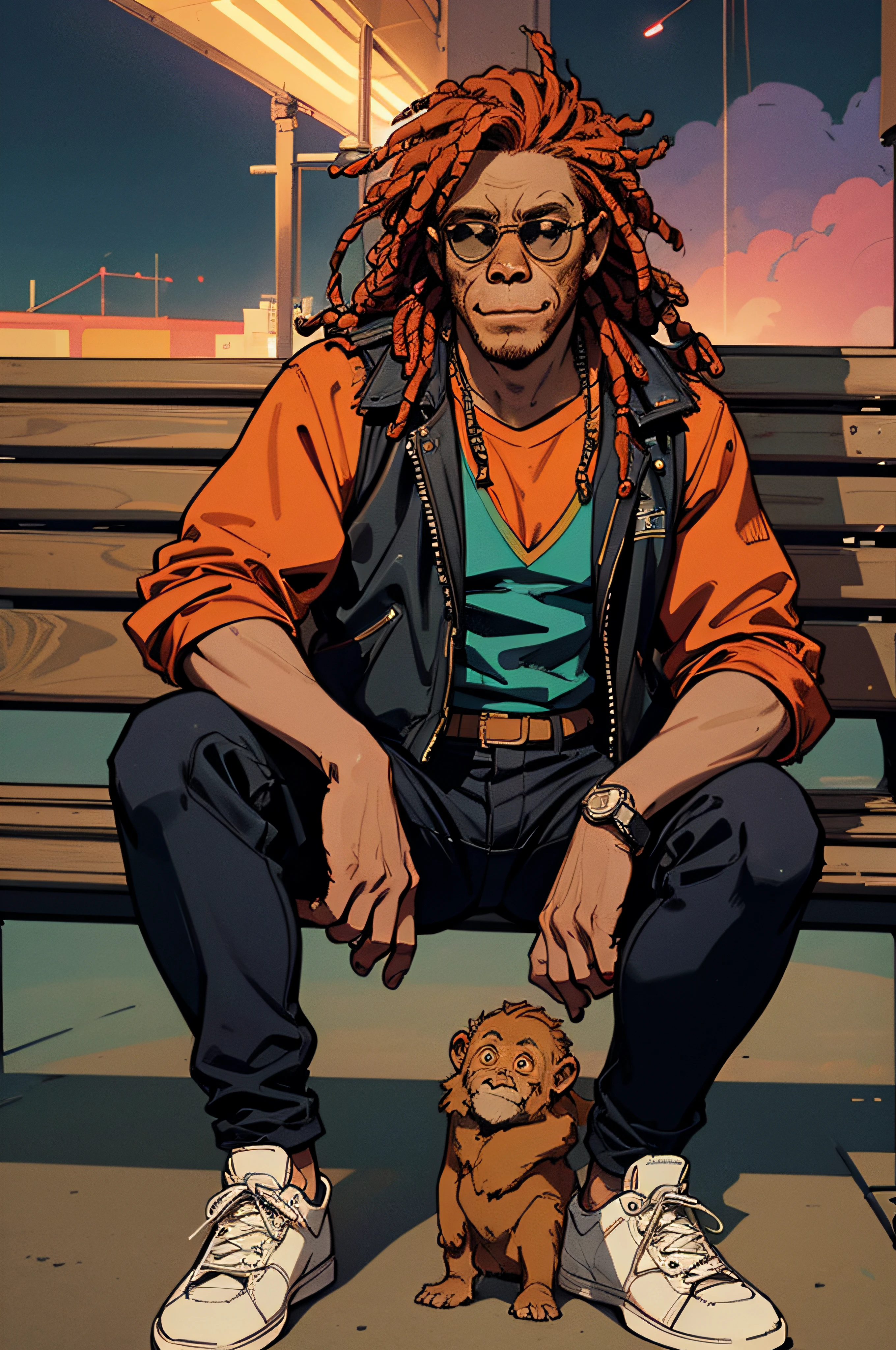 A high resolution photo of a giant orangutan sitting on a bench, metropolis location, wearing reflective aviator sunglasses, contented face, colorful dreadlocks hairstyle, blowing smoke, wearing a leather biker vest, the orangutan is wearing colorful sneakers, evening time, neon light, (colorful), detailed background, realistic, photorealistic, ultra realistic