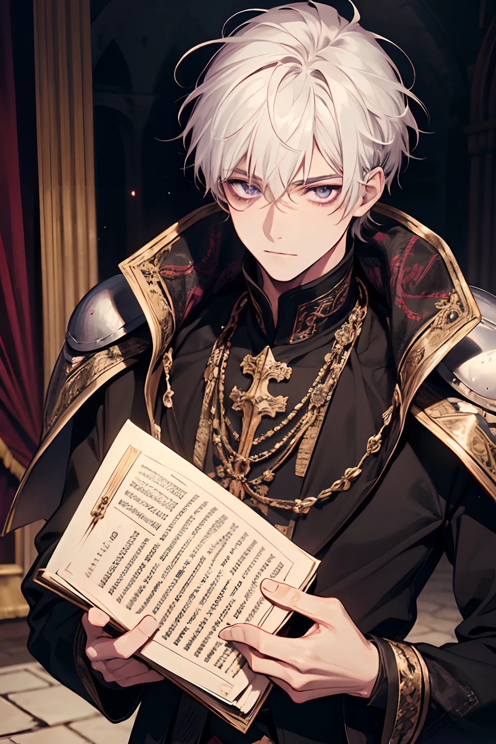 1male, calm, age 35 face, short messy with bangs, white hair, amethyst colored eyes, royalty, prince, black clothes, in a castle, adult face, medieval times, close up, instrument