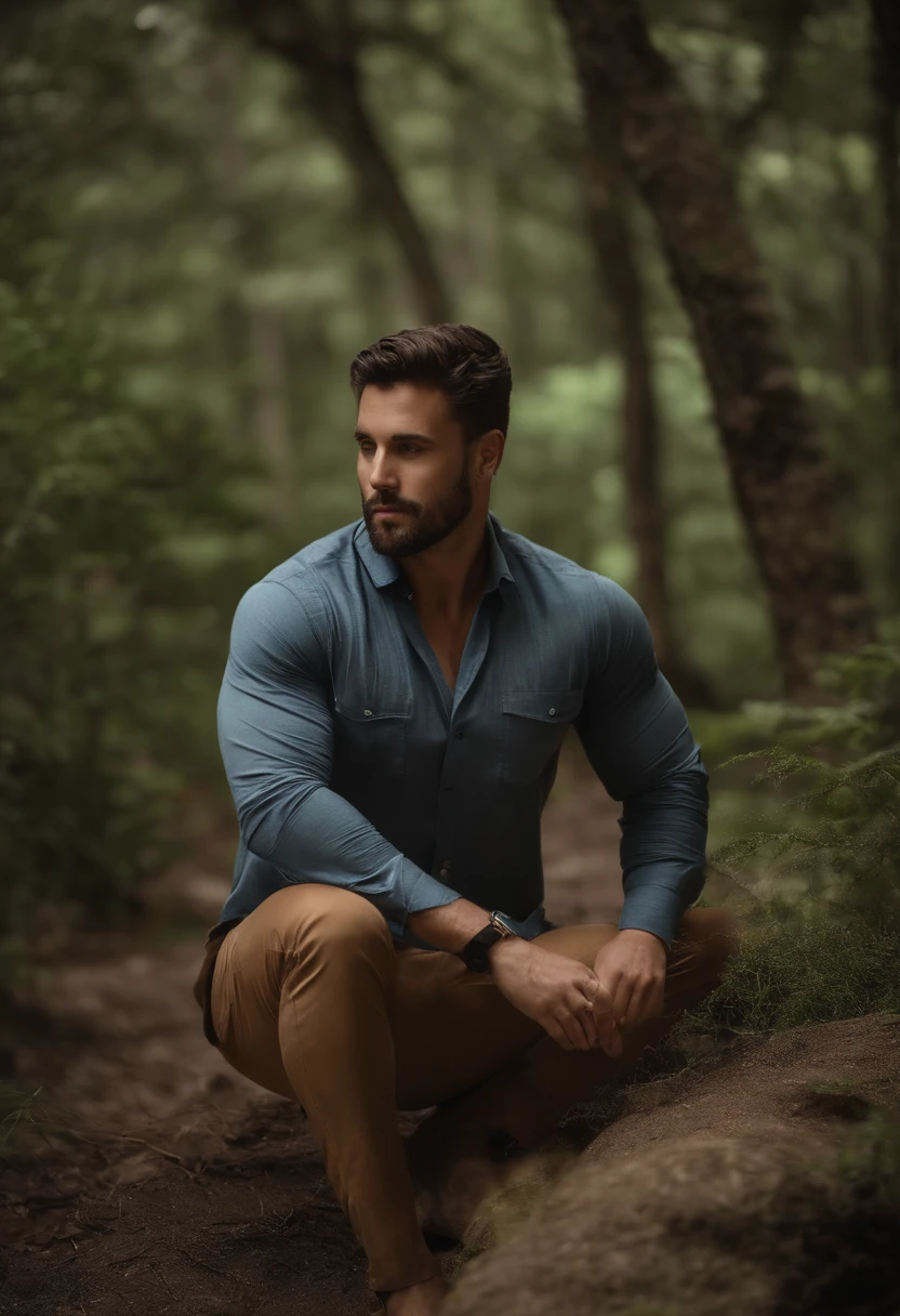 1 homen, estilo pixa, olhos castanhos escuro, corpo gordo, pelos pretos, rosto bonito, nariz medio, cenario de floresta, desfoque de fundo, camisa social, bermuda cinza, sandalha cinza ,