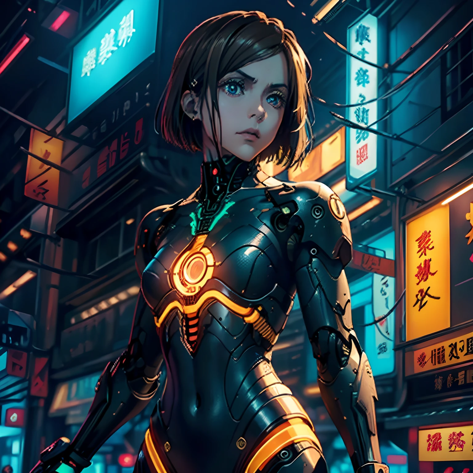 (巨作:1.2, Best Quality), (highly detailed CG Unity 8k wallpaper, best shadow), A highly detailed, (meticulously detailed beautiful eyes: 1.2), (1girll), ((cyborg, High-tech,neon lights)), (cowboy shot:1.2), anime, futuristic, 巨作, Best Quality, highly detail, 4k