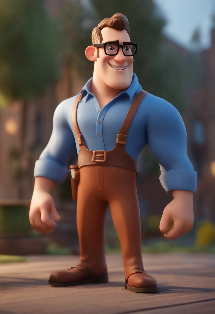Cartoon character of a man wearing black glasses and a blue shirt, um personagem animado, Caractere estilizado, animation style rendering, 3D estilizado, Arnold Maya render, 3 d render stylized, toon render keyshot, Personagem 3D, Personagem 3D, 3d rendering stylized, 3 d character render, personagem de desenho animado, Personagem de close up, Pose de personagem, (Estilo Pixar) (master part:1.2) (Bokeh) (best quality) (pele detalhada) (textura detalhada) (8k) (argila) (Cinematic lighting) (foco nítido,Senta e vaza a parte superior do corpo