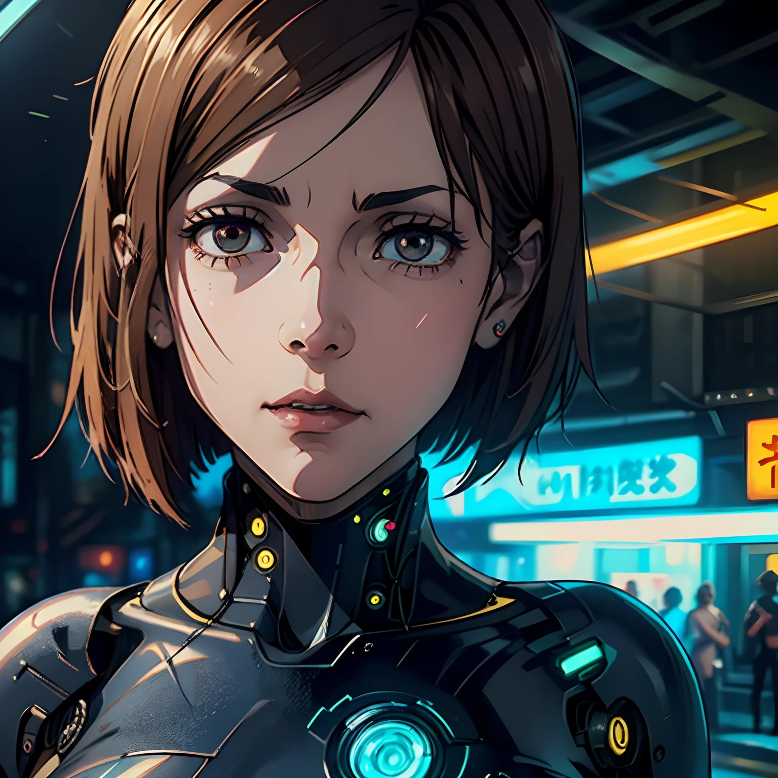 (巨作:1.2, Best Quality), (highly detailed CG Unity 8k wallpaper, best shadow), A highly detailed, (meticulously detailed beautiful eyes: 1.2), (1girll), ((cyborg, High-tech,neon lights)), (cowboy shot:1.2), anime, futuristic, 巨作, Best Quality, highly detail, 4k