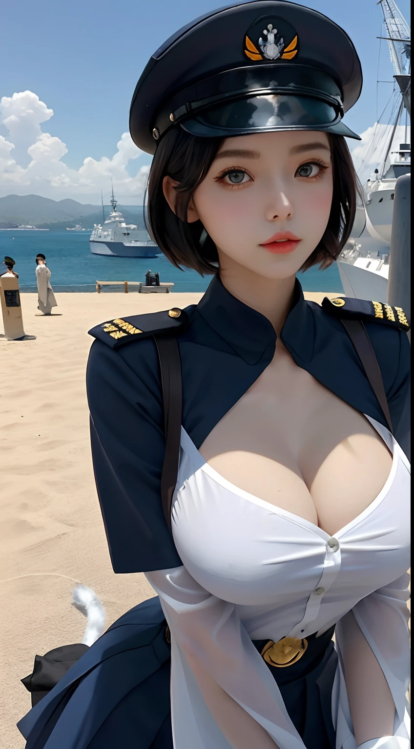 girl, A, of the highest quality, above breasts,Halloween Cosplay, Beautiful, Pretty,huge-breasted, Glossy, warships, Short hair, masutepiece, cat eyes eyes, Navy Uniform, Long Bl Ack H-Ir, With military cap, Sharp eyes, white, pure lust