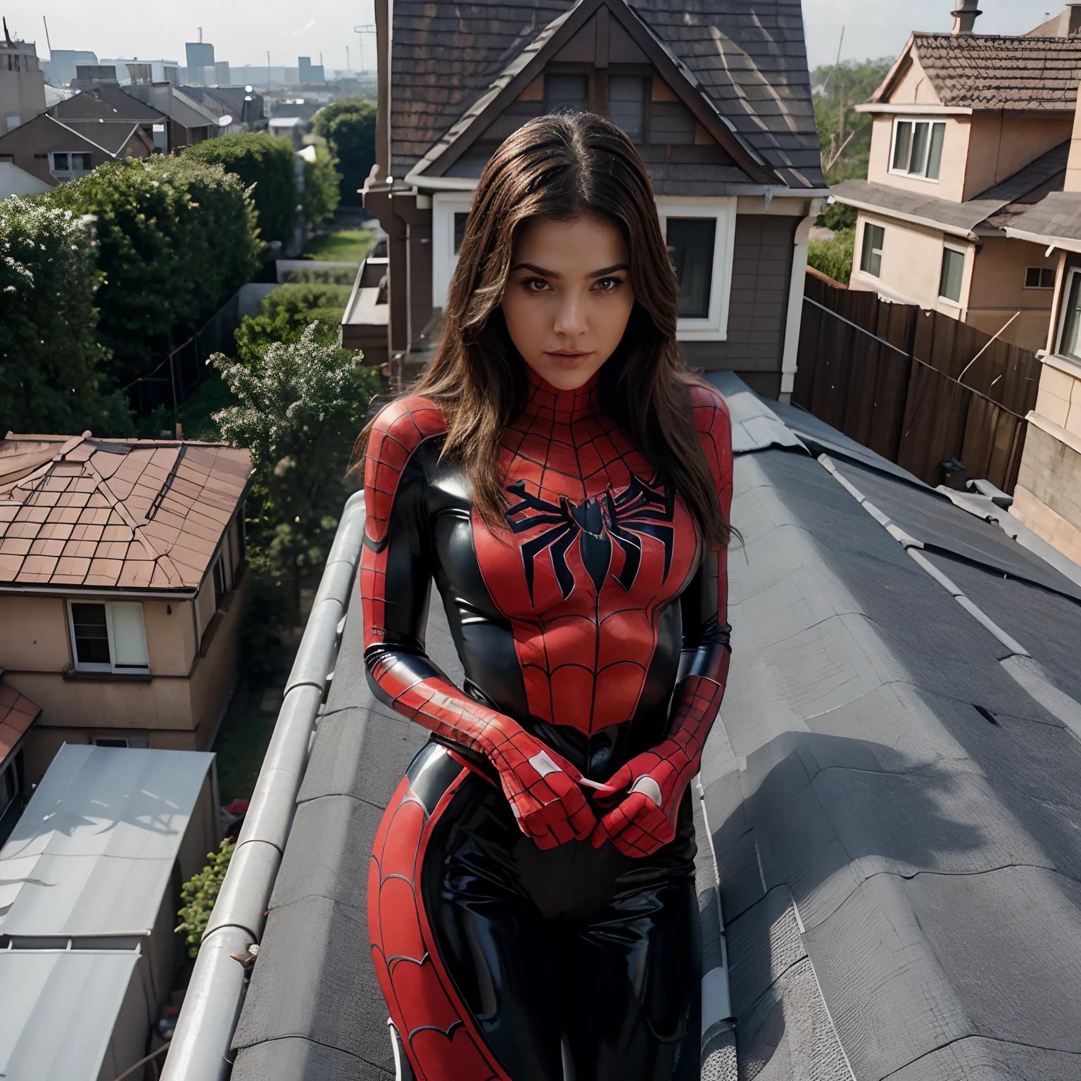 photo of female spidewoman sitting on top of a building, from above, intricate background, (photorealistic, raw, extremely intricate:1.3), dawn, cinematic light, best shadow, looking at viewer, medium breasts, (evil:1.2), wide hips, skinny, blurry, red lips, flirting to the camera, redhead, short hair, leather pants