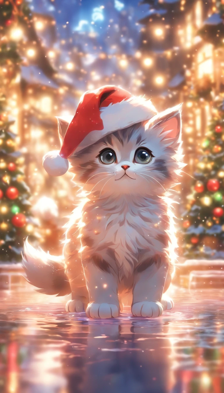 a round-eyed cute christmas kitten with santa hat, night aura, Garden fountain, glimmer, bokeh, beautiful winter city, mirror effect, volumetric lighting