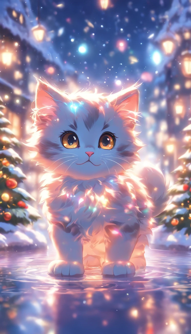 a round-eyed cute christmas kitten with santa hat, night aura, Garden fountain, glimmer, bokeh, beautiful winter city, mirror effect, volumetric lighting