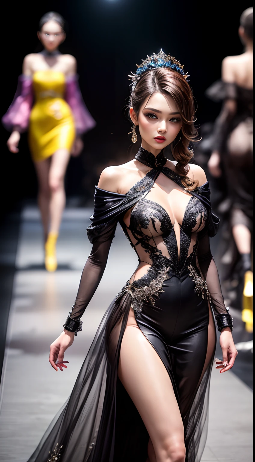 High-quality masterpieces, Intricate details, High-end fashion shows, Stylish style, attractive costumes, fine embroidery, Runway lights, Vibrant colors, Profesional photogarpher, posing elegantly, enchanting atmosphere, fashion accessor, A confident expression, Intense catwalk, Trend-setting design, edgy style, art work, meticulous craftsmanship, Impeccable finish, Haute couture, Fashion-forward aesthetic, luxurious fabrics, Glamorous makeup, Personality hairstyle, Fashion industry standard, Flawless beauty, delicateelegance, enchanting atmosphere, Designer label, Iconic fashion moments