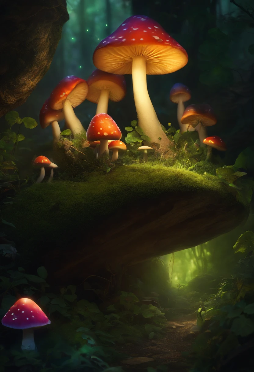 Caves, glowing exotic plants, dreamy, colorful, mushrooms, fireflies, leprechaun sitting on a mushroom