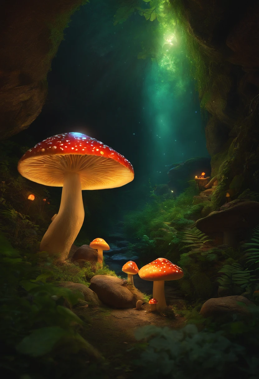 Caves, glowing exotic plants, dreamy, colorful, mushrooms, fireflies, leprechaun sitting on a mushroom