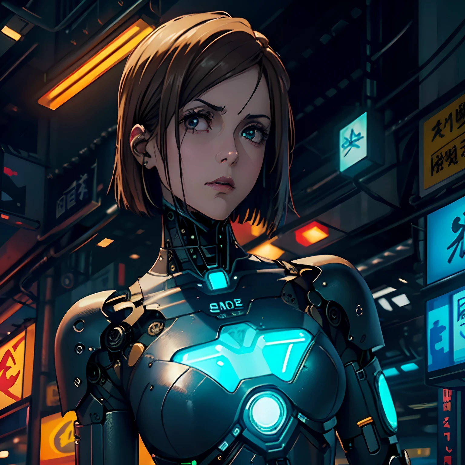 (巨作:1.2, Best Quality), (highly detailed CG Unity 8k wallpaper, best shadow), A highly detailed, (meticulously detailed beautiful eyes: 1.2), (1girll), ((cyborg, High-tech,neon lights)), (cowboy shot:1.2), anime, futuristic, 巨作, Best Quality, highly detail, 4k